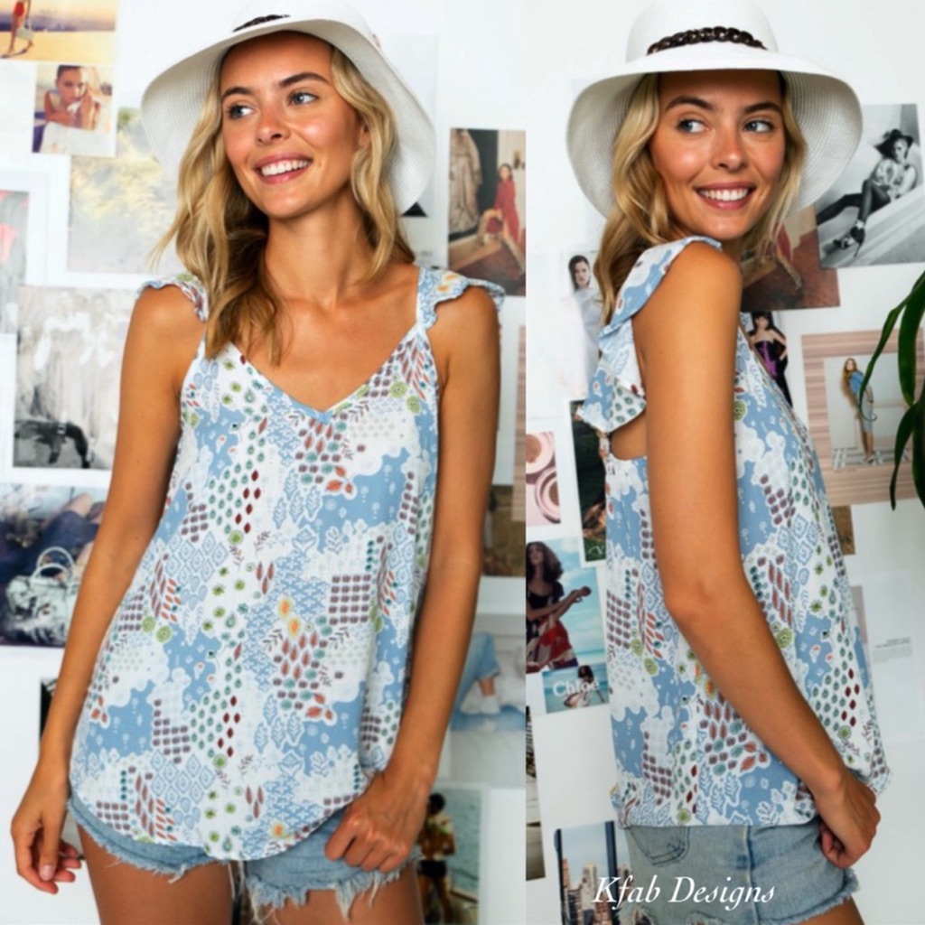 B67pretty Boho Ruffle Shoulder Camisole Top W/ Pale Blue Print Perfect